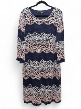 Tacera Navy, White & Pink Lace Midi Dress